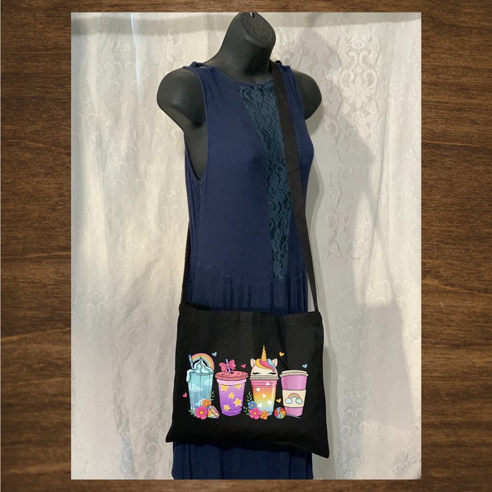 Unicorn Cup Drinks Crossbody Messenger Cotton Canvas Tote Bag with Long Strap